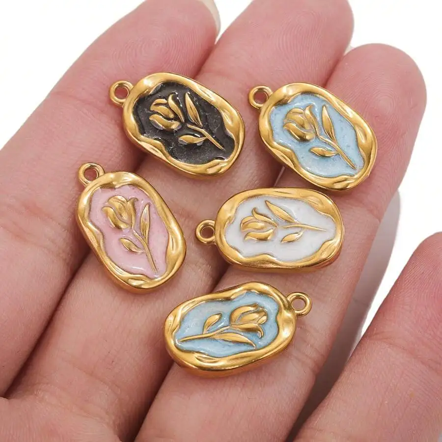 5pcs Gold Plated Stainless Steel Rose Enamel Charms for Jewelry Makings DIY Earrings Necklaces Jewellery Supplies Parts Bulk