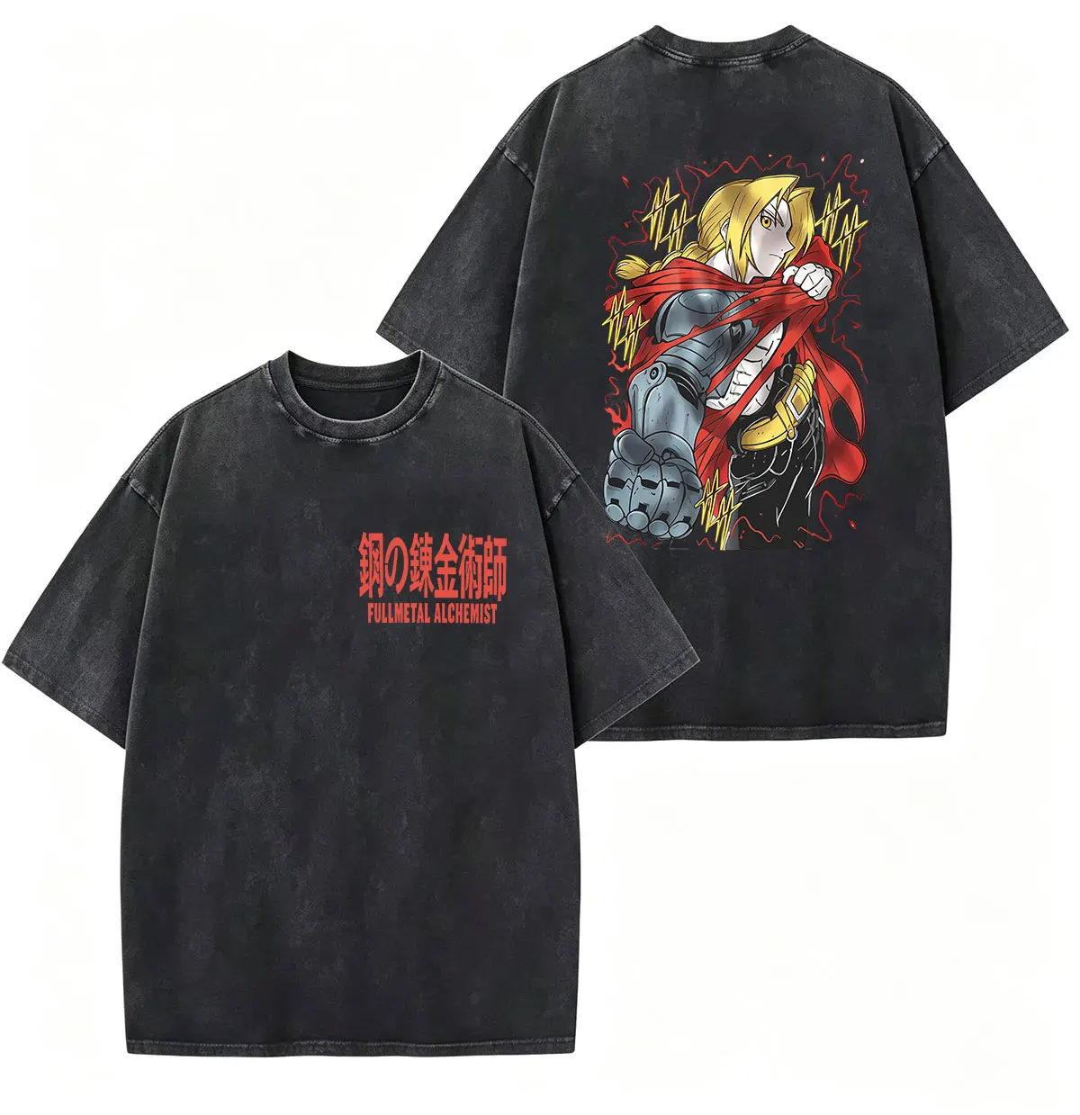Vintage Washed Anime Fullmetal Alchemist T Shirt Japanese Manga Edward Elric Alphonse Elric Men Women Fashion Oversized T-shirts