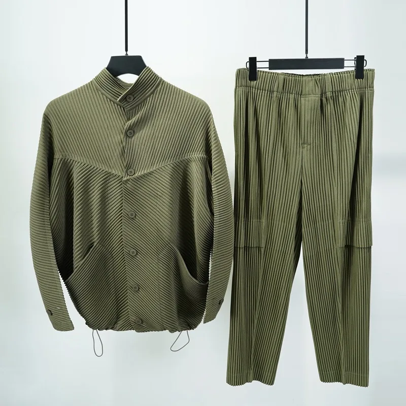 مياكي مطوي بدلة طويلة 2025 Plisse بدلة رجالية غير رسمية خريف جديد وصول سترة + السراويل تنوعا فضفاضة تناسب 2 قطعة مجموعة الملابس #1
