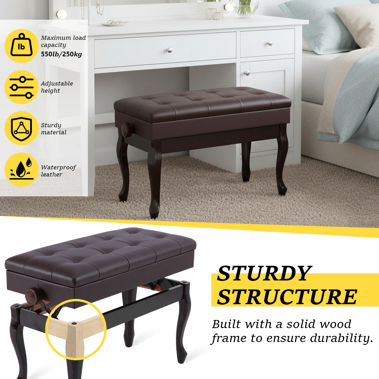 

Регулируемый по высоте стул для фортепиано с книжной полкой, прочный деревянный стул для фортепиано, многофункциональный подарок для любителей музыки