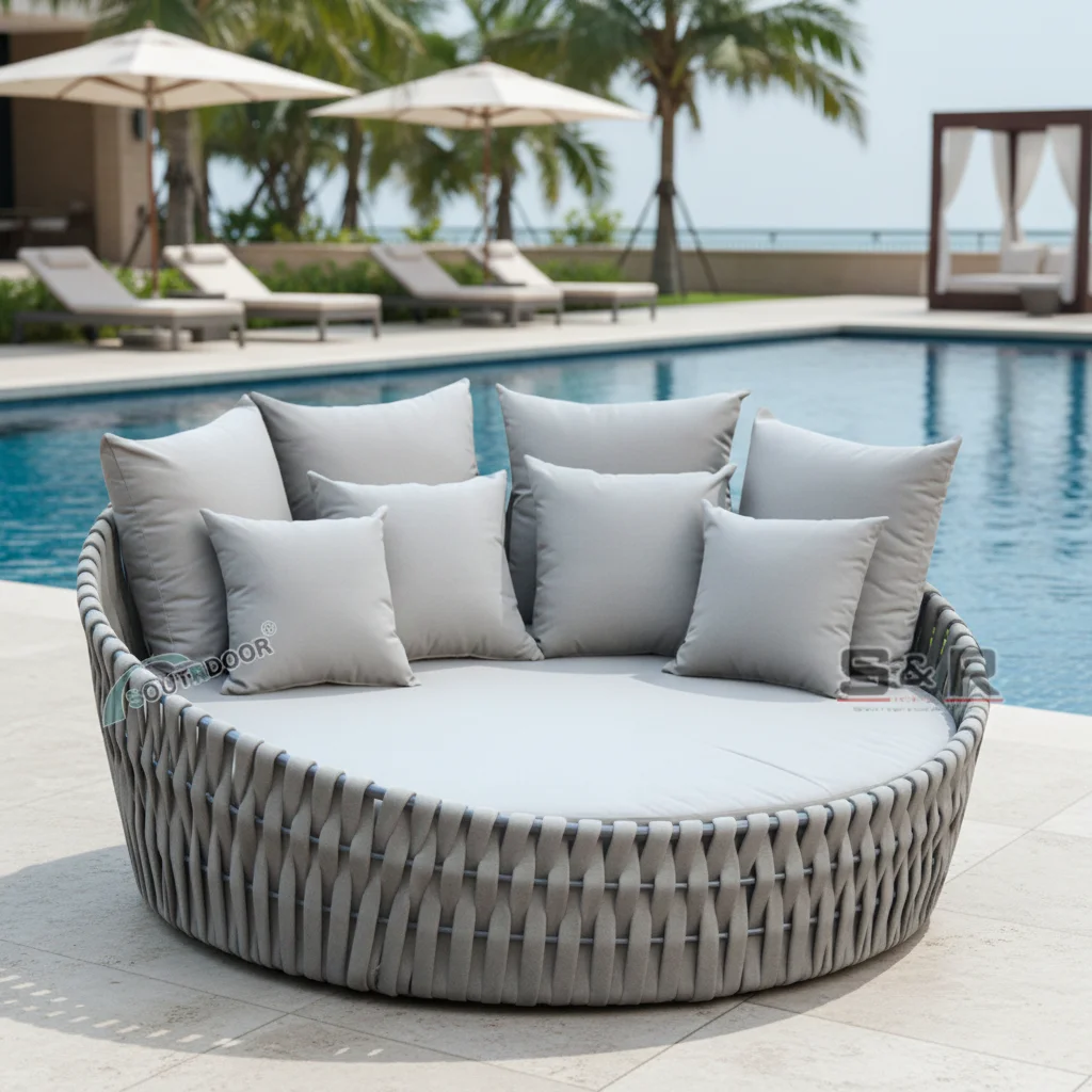 Outdoor Round Daybed, Aluminum Frame Patio Lounger, Modern Woven Sunbed with Cushion for Hotel Backyard Poolside
