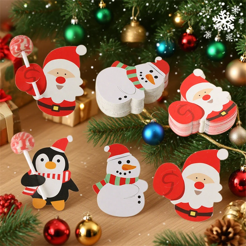 50 Stück Weihnachtsmann Schneemann Lutscher Papierkarten Weihnachten Lollipop Stick Sicheres Papier Süßigkeiten Schokolade Weihnachten DIY Süßigkeiten Dekorationen