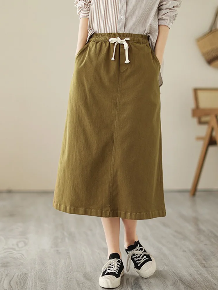 

High Waist A-Line Midi Skirt Women's Retro Dstring Workwear Skirt Summer Season Color Commute Sle