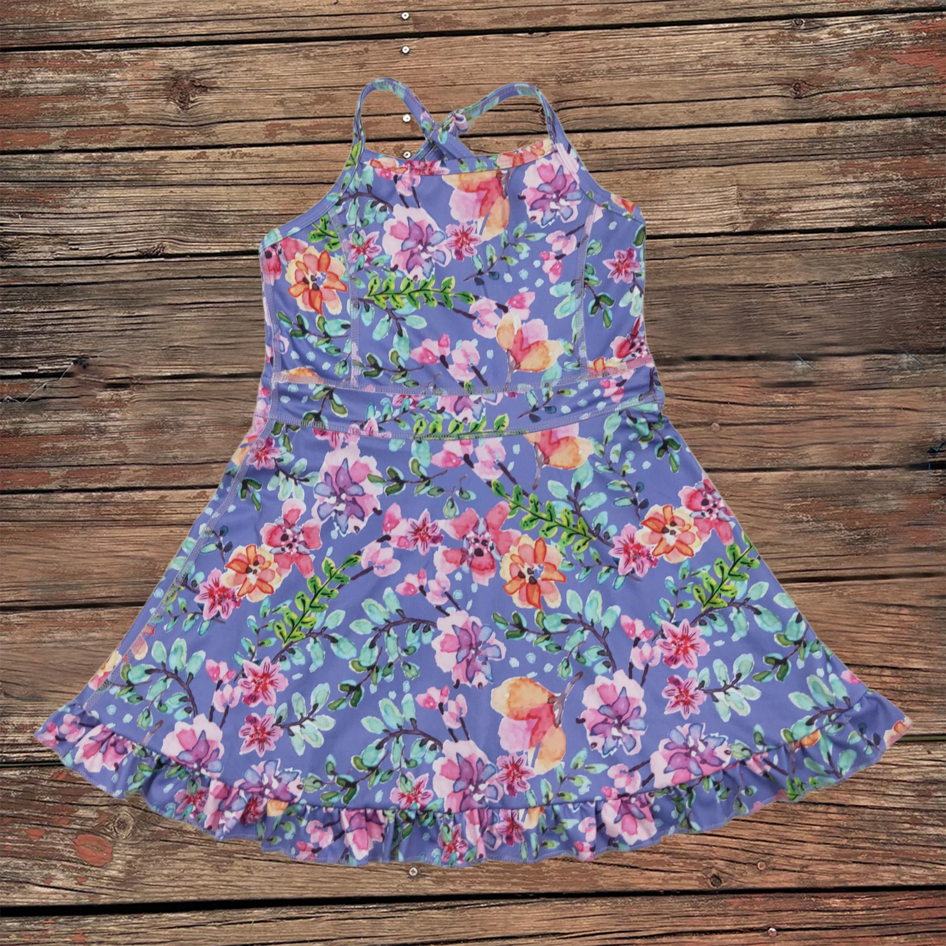 

New Best-Selling Baby Girls Strap Floral Ruffle Yoga Active Wear Dresses 3-6m up to 8-9Years Summer Knit Knee Length Dress