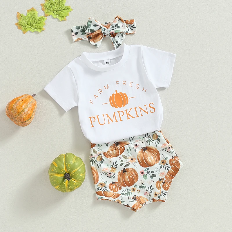 Adorable Baby Girls 3-Piece Thanksgiving Set with Short Sleeve Letter Print Top Pumpkin Shorts and Matching Headband - Cute