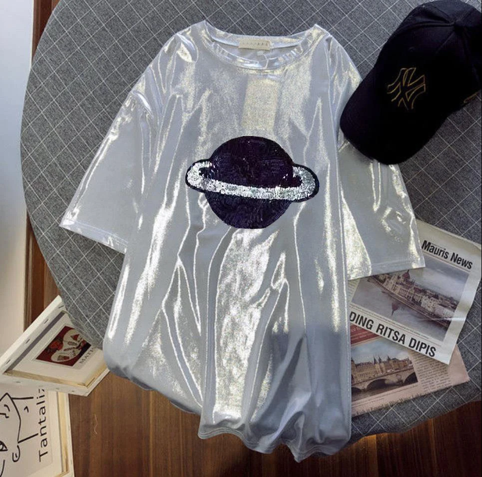 2023 Spring New Glittering T-shirt Trendy Brand Mid-length Loose Women Men Unisex Hip-hop Short-sleeved O-neck Casual Tops Tees