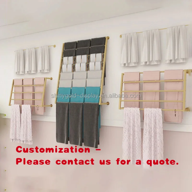 

custom.Retail Shop Wall Mounted Shiny Gold Metal Scarf Display Rack Furniture Boutique Fabric Store