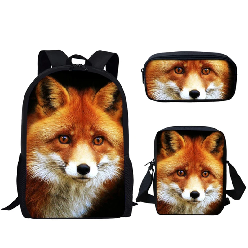 Creative Cool Fox Print 3Pcs School Bag Set Student Bookbag Laptop Daypack Lunch Bag Pencil Bag Teenager Daily Casual Backpack