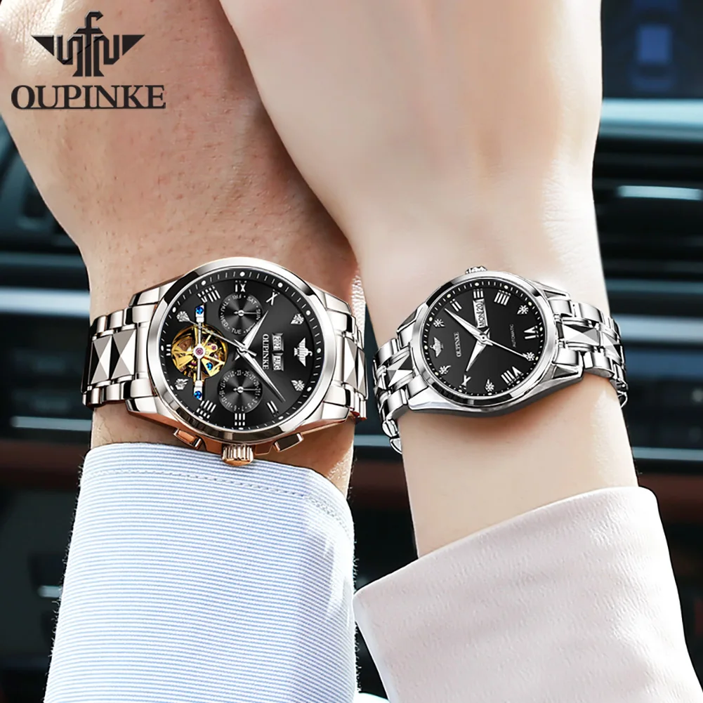 OUPINKE Couple Watches Top Luxury Original Automatic Mechanical Wristwatch Waterproof Tungsten Steel Lover's Watch for Men Women