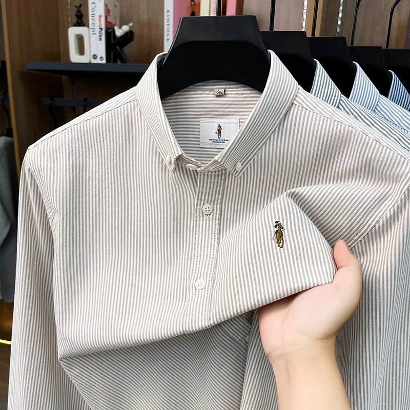 Luxury Brand 100% Cotton Long Sleeve Shirt Men's Fashion Striped Autumn New High-End Pony Embroidery Comfort Casual Paul Top