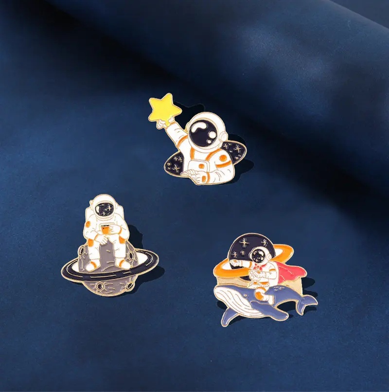 Planet Rocket Whale Star Moon Galaxy Coffee Metal Brooches Badges Pins up Gift for Space Lover Astronaut Enamel Pins