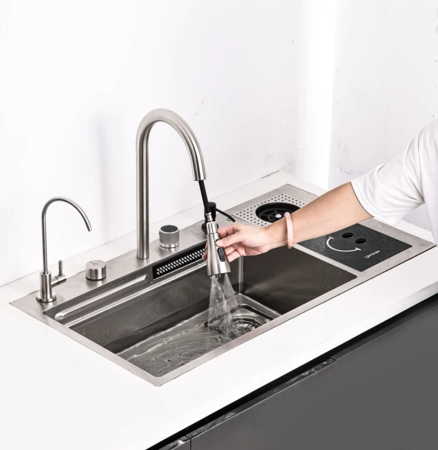 Multifunctional Knife Holder Double Bowl Square Counter Waterfall Stainless Steel Kitchen Sink Set