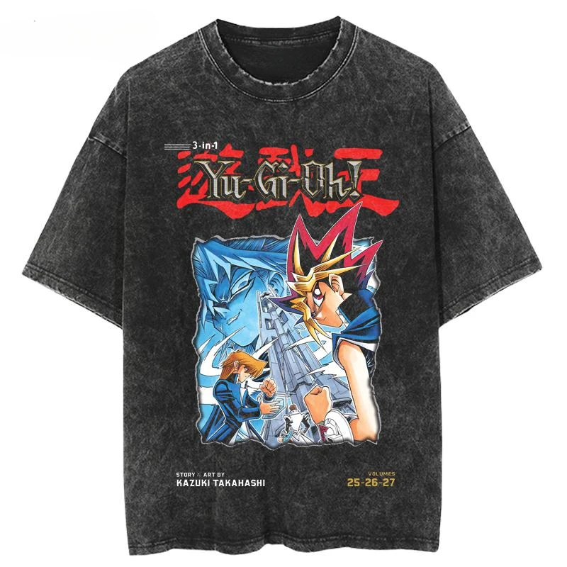 New Summer Japanese Anime Washed-out and Distressed Vintage Short-sleeved T-shirt Cotton Yu-Gi-Oh! Duel Monsters GameKing