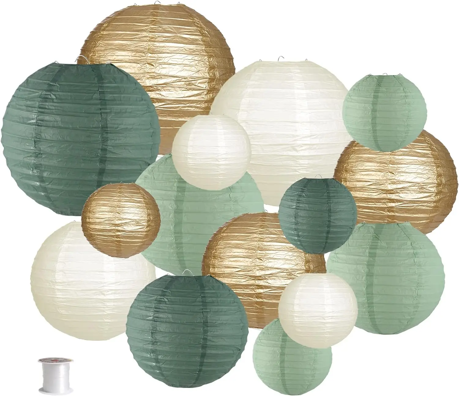 Lanternes en Papier pour Décoration Rustique, Fournitures de ixd\'Anniversaire, Vert Sauge, Or/Ivoire/Vert Sauge, 15 Pièces