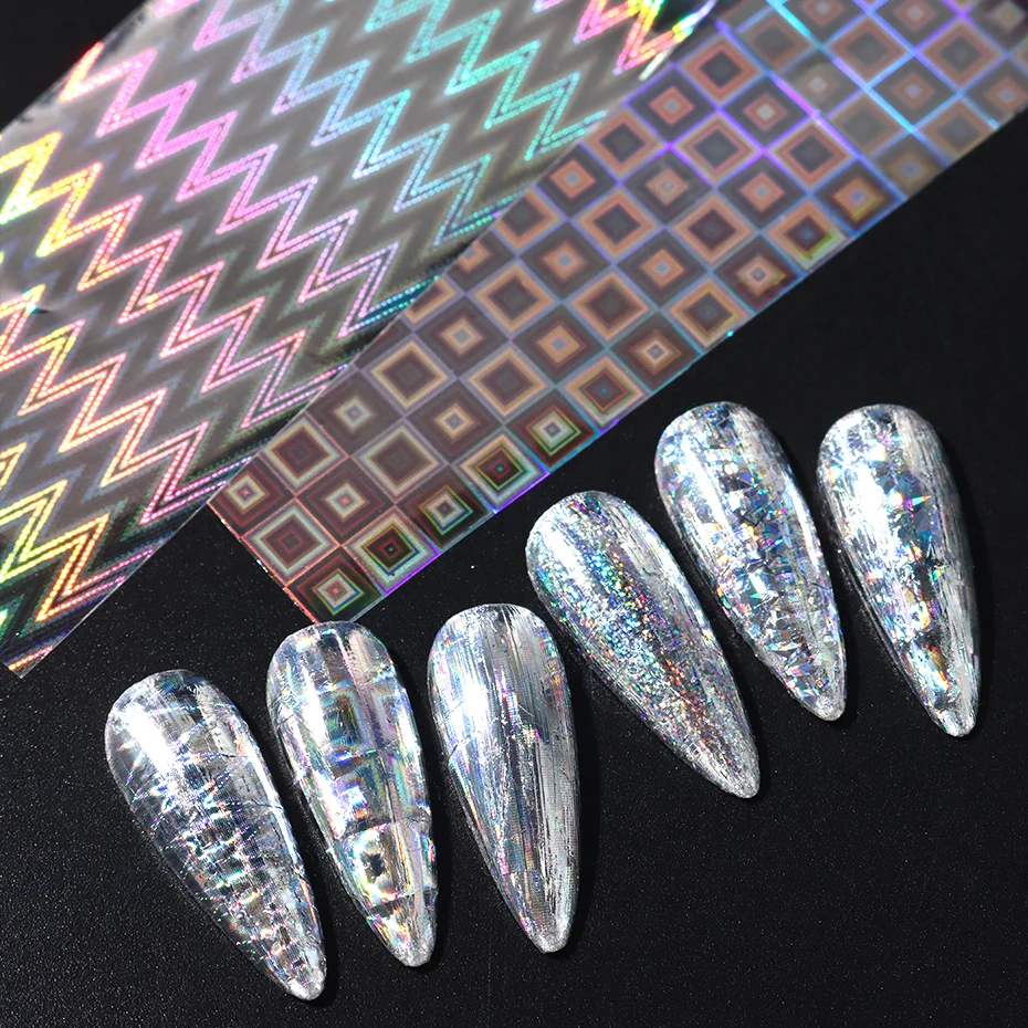 10 stks Holografische Nagelfolie Transfer Nail Art Folies Stickers Iriserende Regenboog Ster Geometrische Aurora Laser Nail Art Decoratie