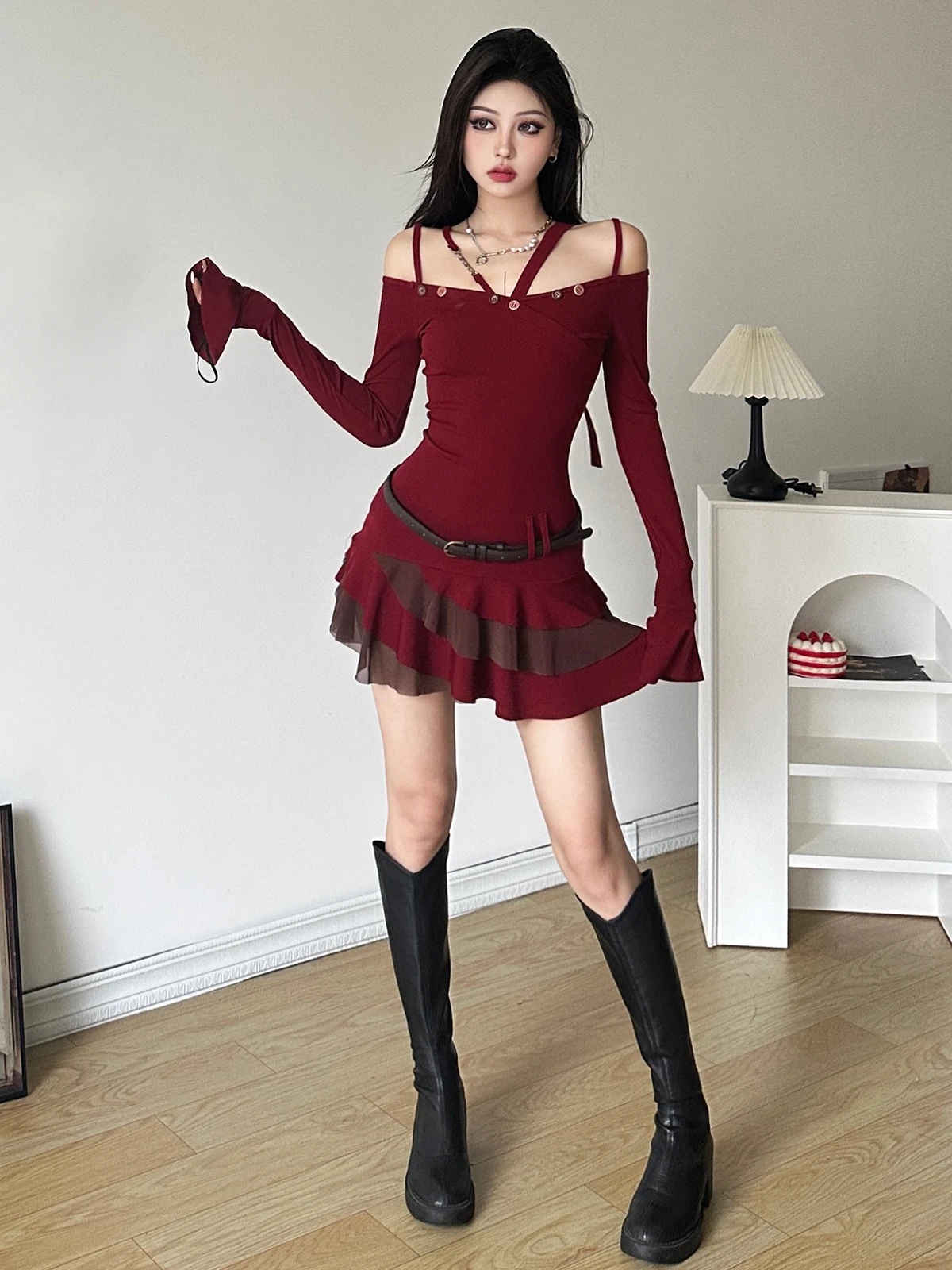 Women Dress French Gorgeous Girl One Shoulder Long Sleeved Dress Women's Spliced Brick Red Pinched Waist Dress