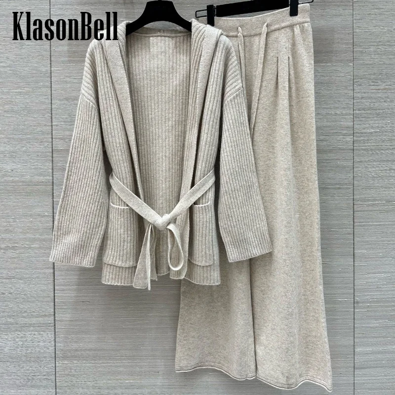 10.11 KlasonBell Women\'s Fashion Double Pocket Bandage Cardigan Coat Or Drawstring Elastic Waist Wide Leg Pants Wool Knit Set