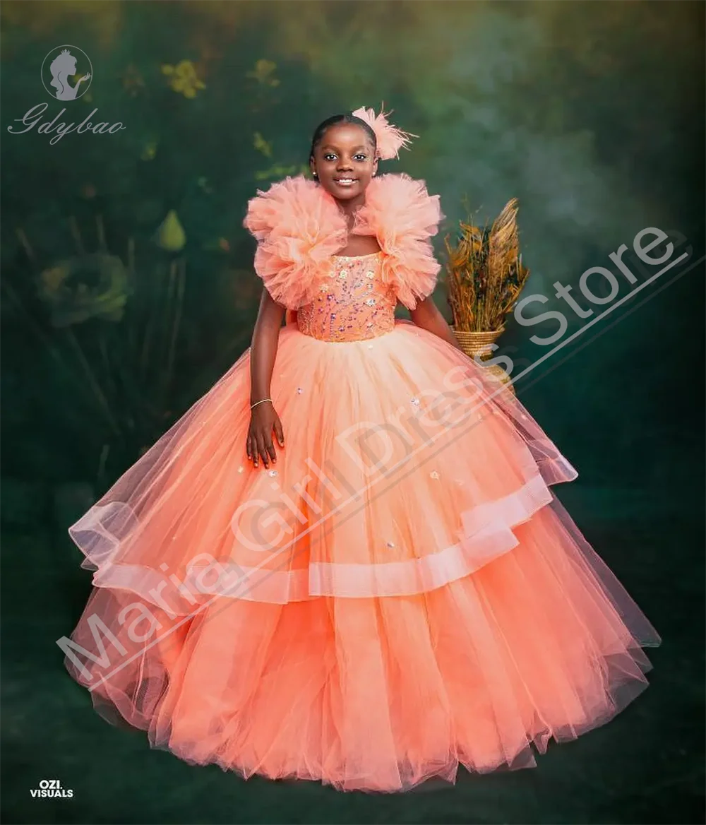 Vestido de aniversário para meninas, gola quadrada, manga bufante, lantejoulas, renda, babado, adequado para casamento, primeira comunhão