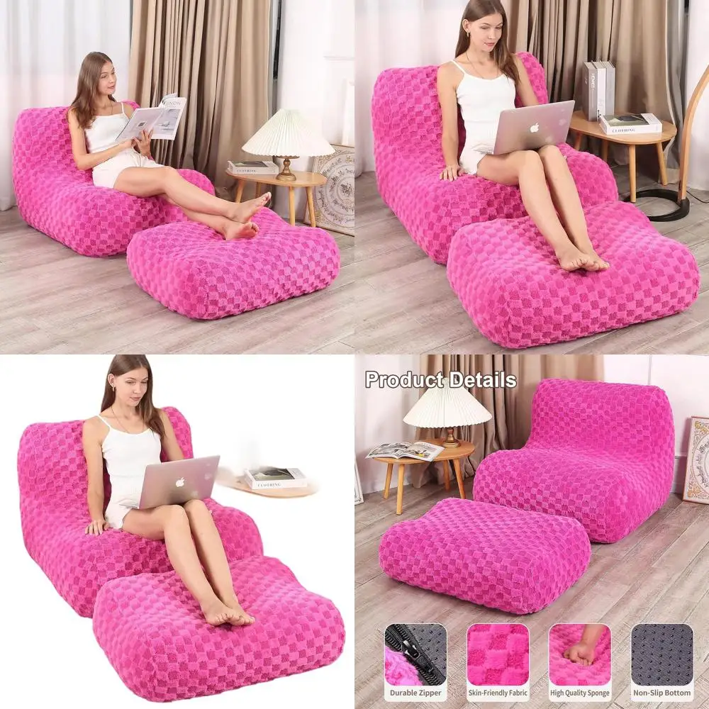 Pink Adult Reading Sofa Chair with Footstool, Modern Floor Sofa for Living Room and Bedroom
