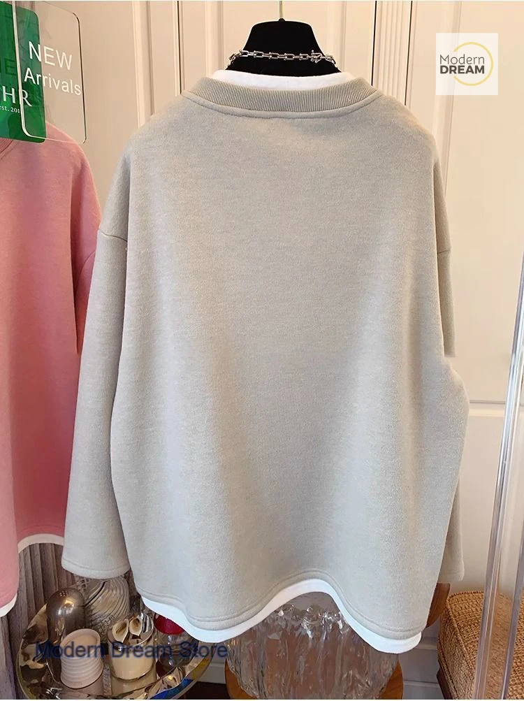 French style solid color fashion fake two-piece round neck sweater women's autumn and winter new bottoming shirt loose blouse