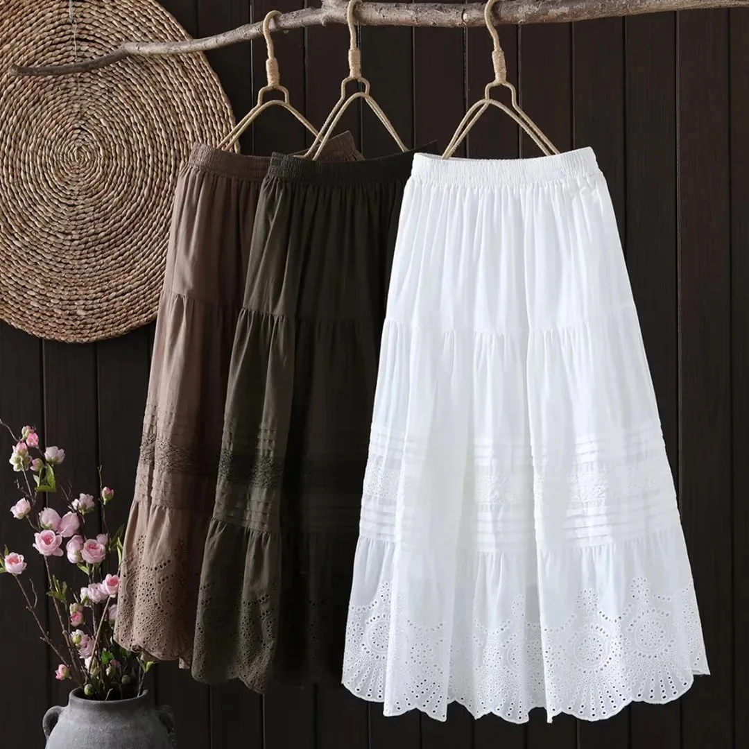 Women Long Bohemian White Skirts Mori Girls Japan Style Elastic Waist Lace Hollow Out Maxi Skirts 100% Cotton Boho Clothing