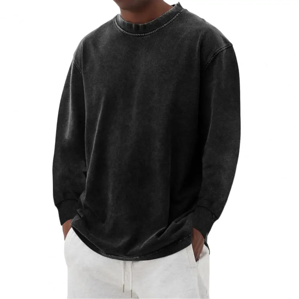 Easy Care Machine Washable Tops Men Long Sleeve Shirt Vintage Washed Pullover Tops Relaxed Fit Distressed Raglan for Streetwear