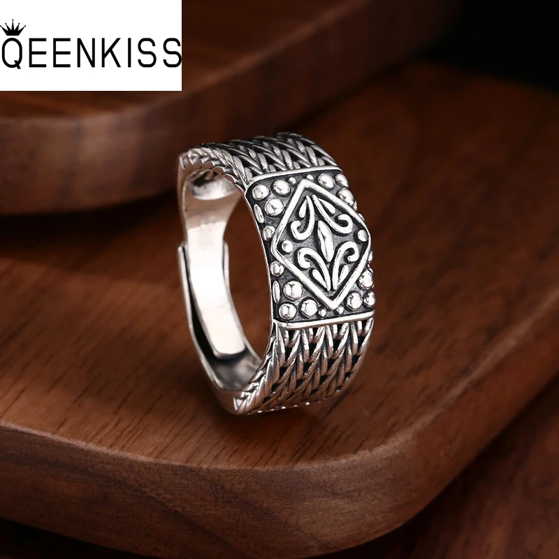 QEENKISS 925 Sterling Silver Vintage Flower Rings for Women Men Birthday Wedding Party Christmas Father Girl Boy Gifts RG7159
