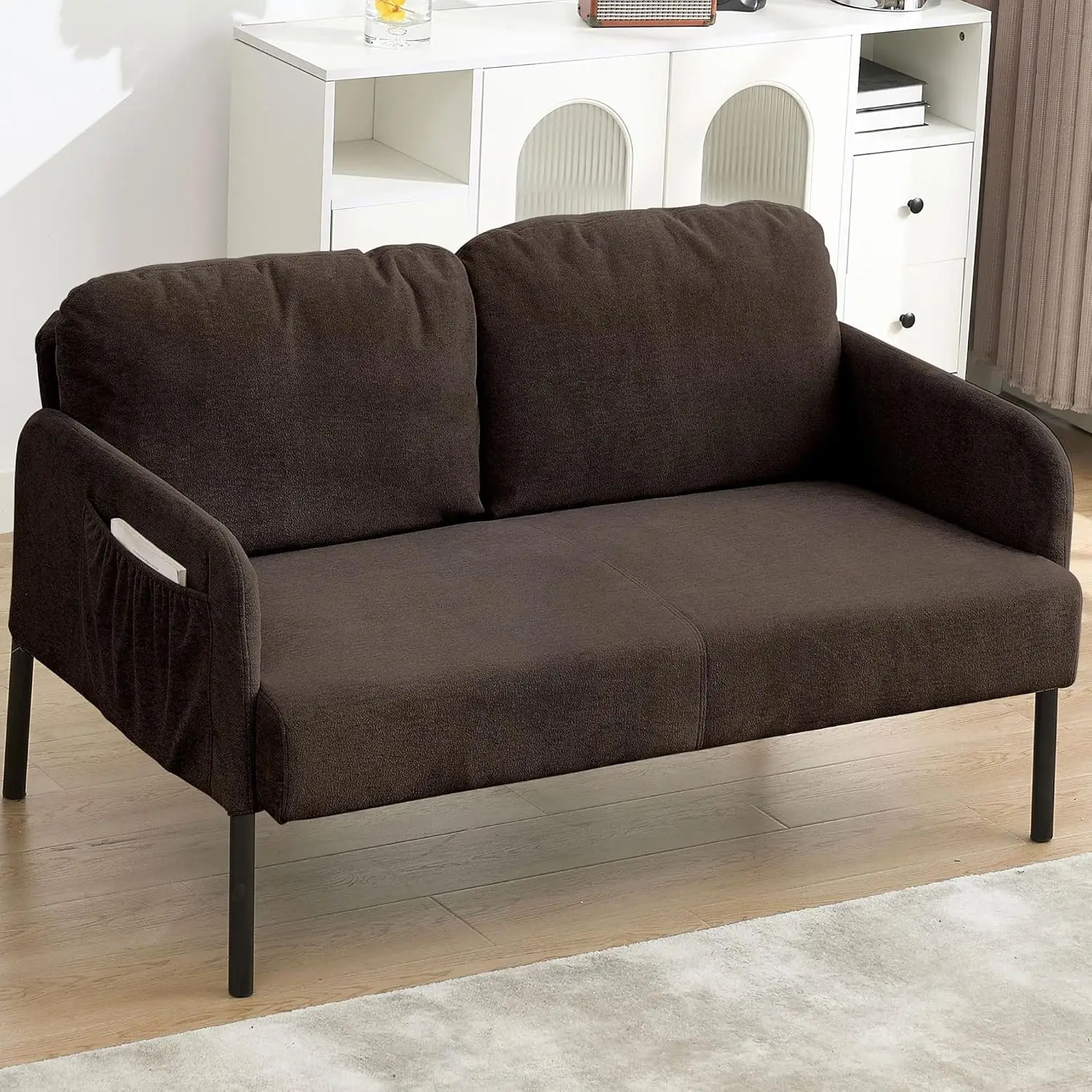 45 Inch Loveseat 2 Seater Couch with Side Pocket Soft Cushioned Small Sofa for Living Room Bedroom Apartment Brown