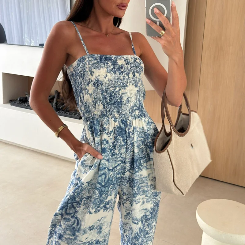 

Лето 2025 года, комбинезон без рукавов с широкими штанинами, прямой комбинезон с винтажным узором и принтом, женский сексуальный комбинезон с вырезом на подтяжках, комбинезон