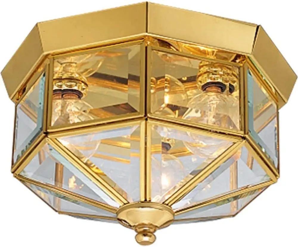 3-Light Beveled Glass Ceiling Light, Polished Brass, 9.75" Wide, Indoor Fixture