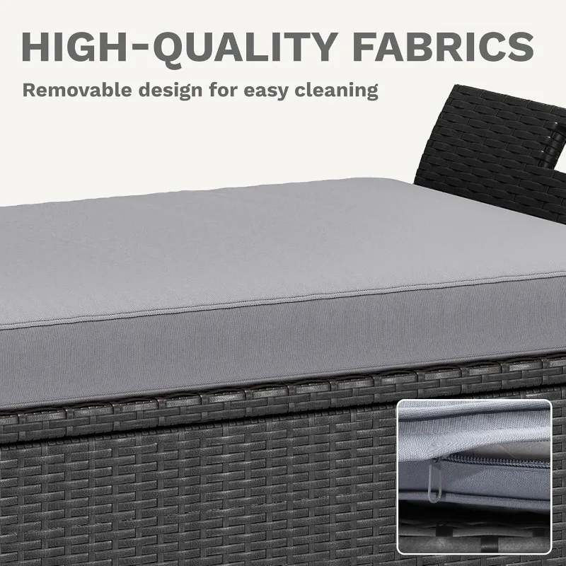 مقعد تخزين خارجي سعة 90 جالونًا، صندوق سطح من الخيزران مع وسادة، مقعد خارجي لتخزين الفناء، ساحة، حمام السباحة، الحديقة، أسود ورمادي