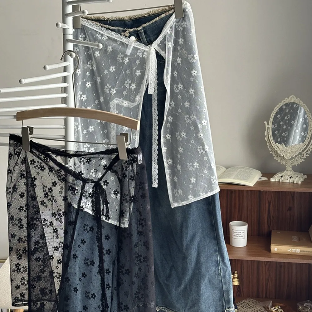 Fashion Lace Up See Through Skirt Lace Layered Thin Harajuku Skirt Lap Over Skirts Spring Summer