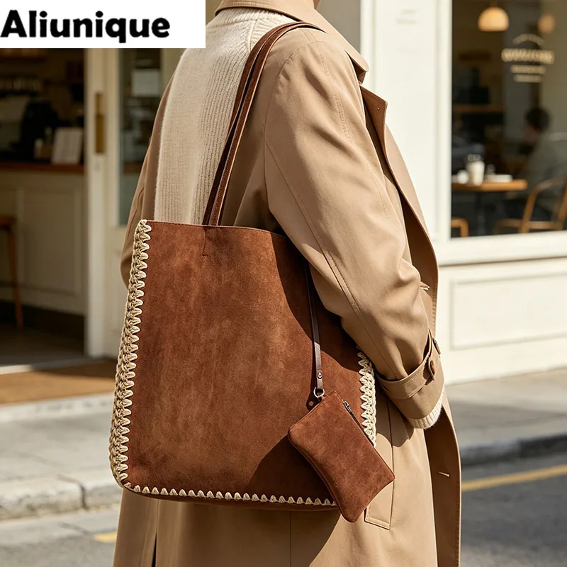Aliunique Fashion Woman Large Capacity Commute Shoulder Bag Suede Tote Bag Retro Frosted Handbag Thread Weaving Bag