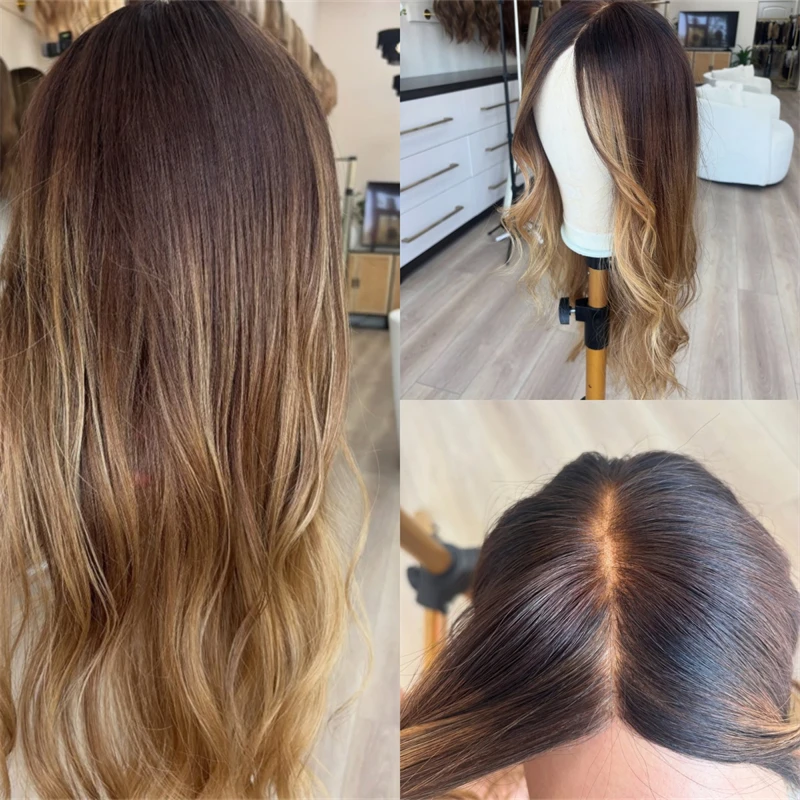 

Lace Top HD Invisible Lace Front Wig Ombre Honey Brown Blonde Wig Heat Resistant Fibre Wig Natural Preplucked Hairline Cosplay