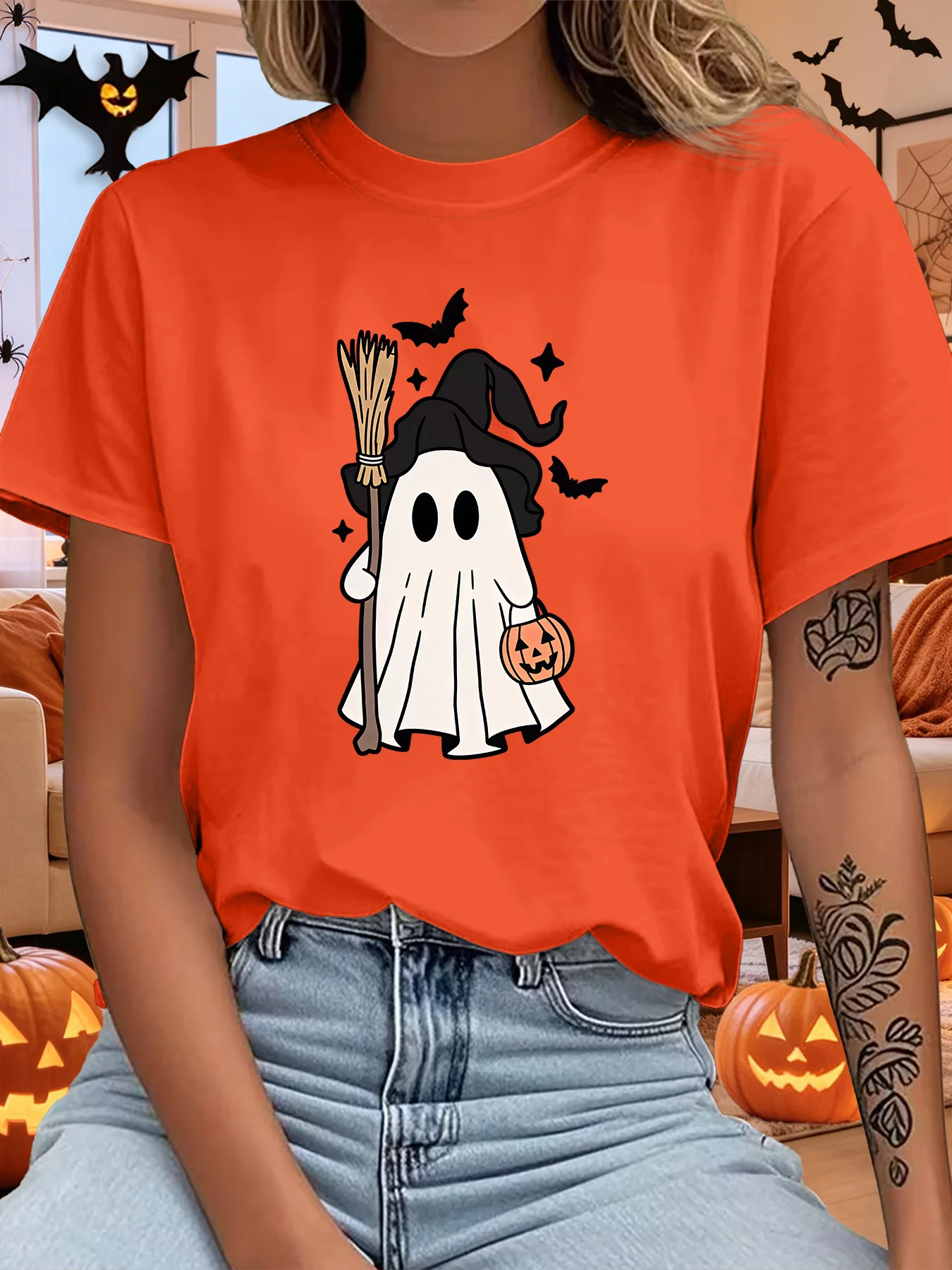 Cute Witch Ghost With Broom Pumpkin Bucket Bat Halloween Art Print Graphic Ladies T Shirt Short Sleeve Crew Neck Casual Tee Tops