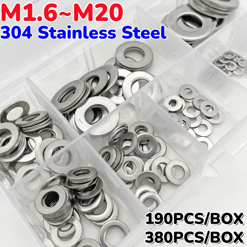 M1.6 M2 M2.5 M3 M4 M5 M6 M8 M10 M12 M14 M16 M18 M20 304 Stainless Steel Flat Washers Set Mix Size Plain Gasket Kit Set