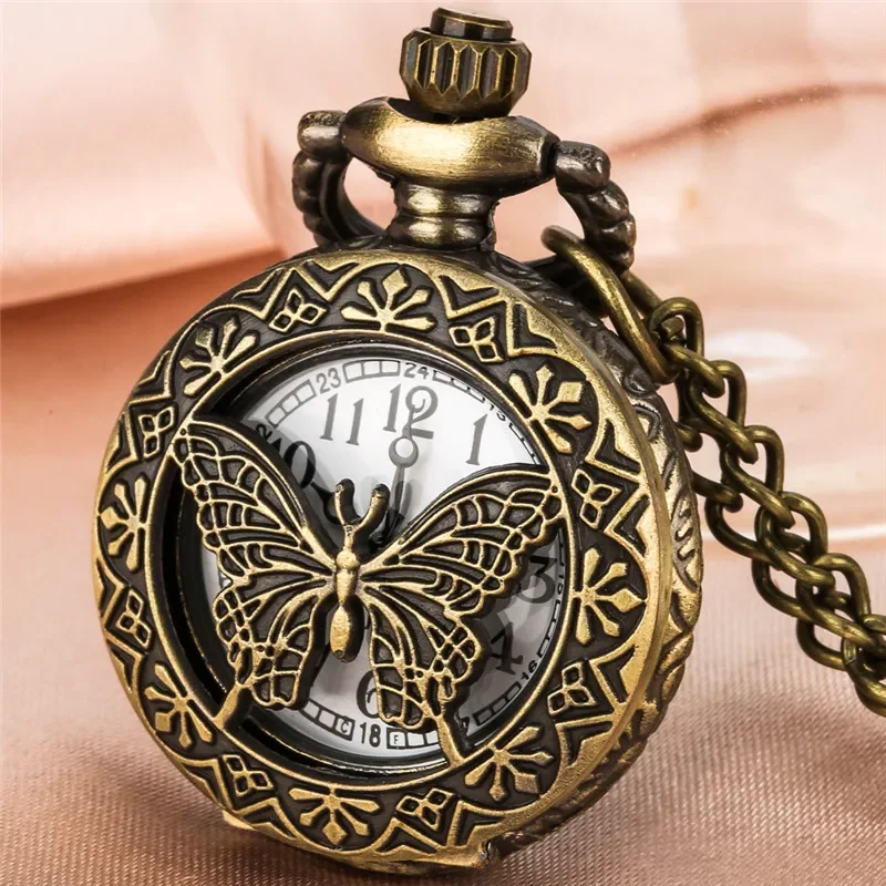 

Bronze Hollow Out Butterfly Half Hunter Cover Men Women Quartz Analog Pocket Watch Necklace Chain Arabic Number Clock Timepiece