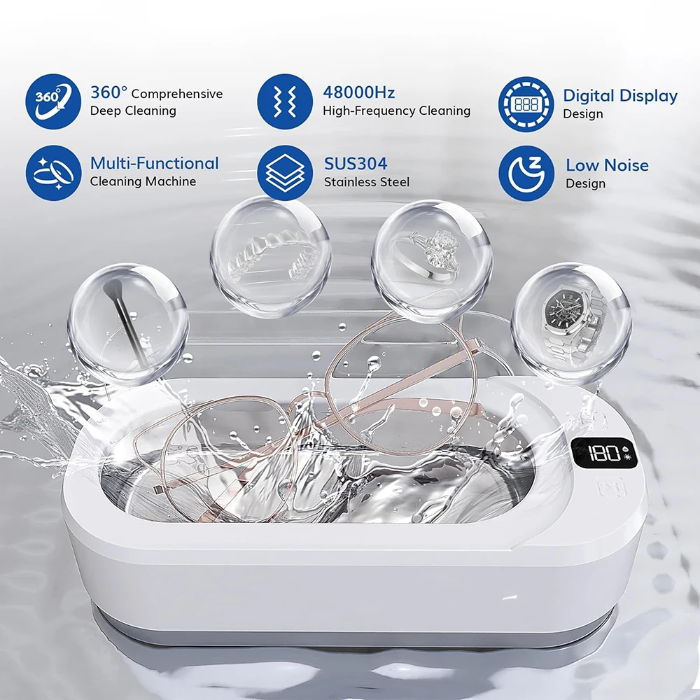 KUNPHY Sonic Jewelry Cleaner 350ML 48KHz Jewelry Cleaning Machine with 3 Cleaning Modes Digital Timer for Glasses Earring Ring