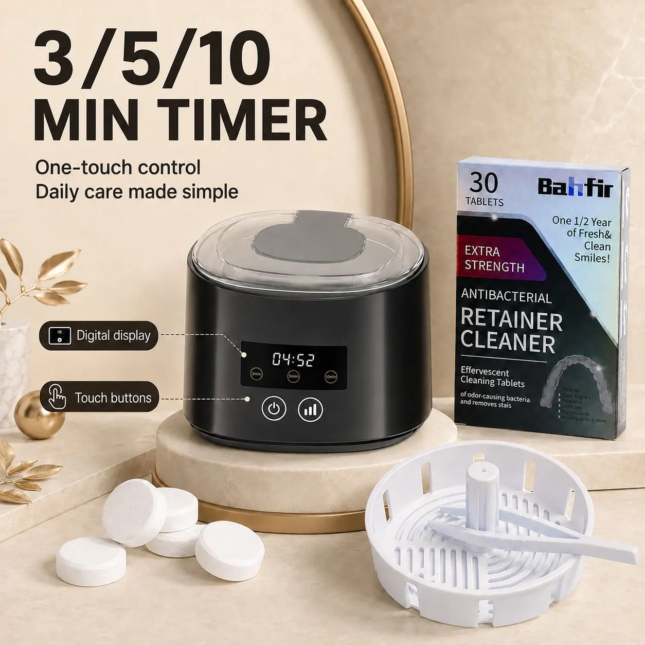 50kHz Sonic Dental Pod Cleaner with UV, 30 Cleaning Tablets, Drain Basket & Tweezers, Portable for Dentures Braces Retainer