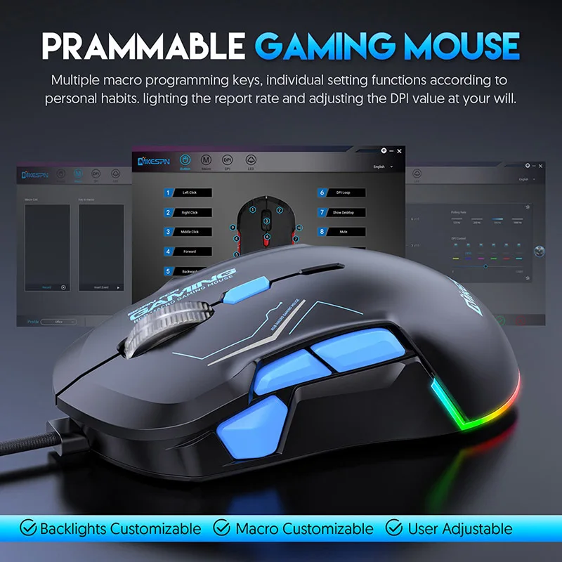 Mouse da gioco cablato ergonomico retroilluminato RGB 12800 DPI 10 pulsanti programmabili Mouse da gioco ambidestro cablato per Deaktop/laptop