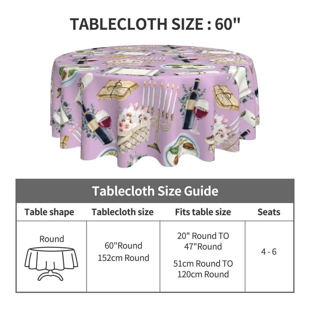 Jewish Passover Round Tablecloth Flowers Wine Menorah Pink Outdoor Table Cloth Kawaii Home Party Dining Room Graphic Table Cover