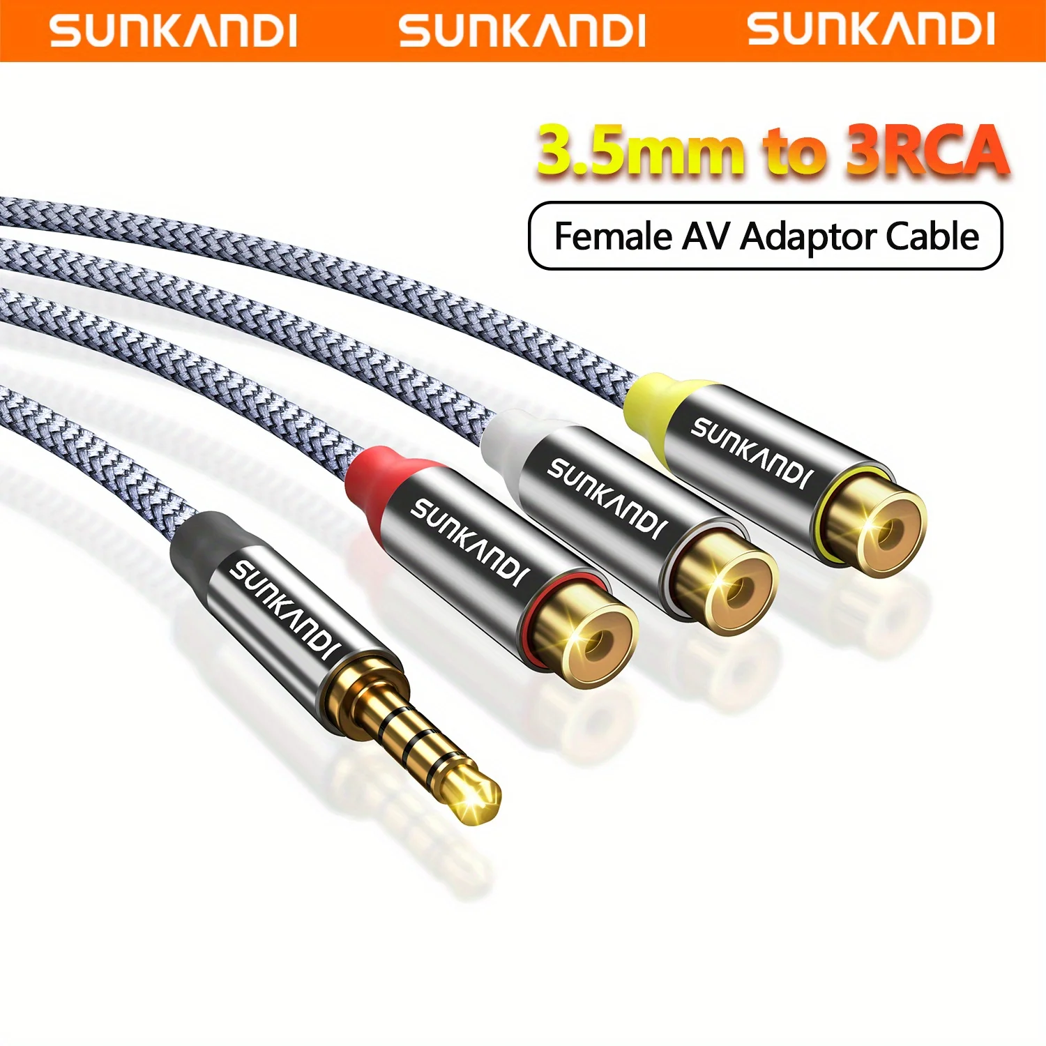 SUNKANDI 3.5mm to RCA AV Adapter Cable, 3.5 mm Male to 3 RCA Female Adapter Audio Video Cable for AV, Audio, Video, LCD TV, HDTV