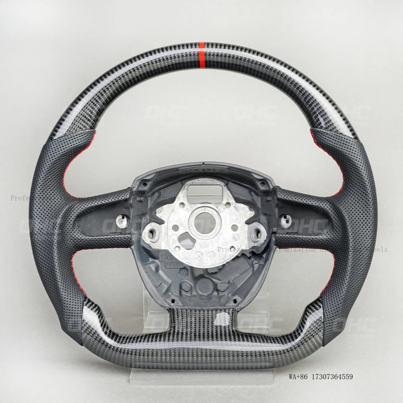 Suitable for Audi B7 A5, carbon fiber + perforated leather, red positioning line, car modification steering wheel