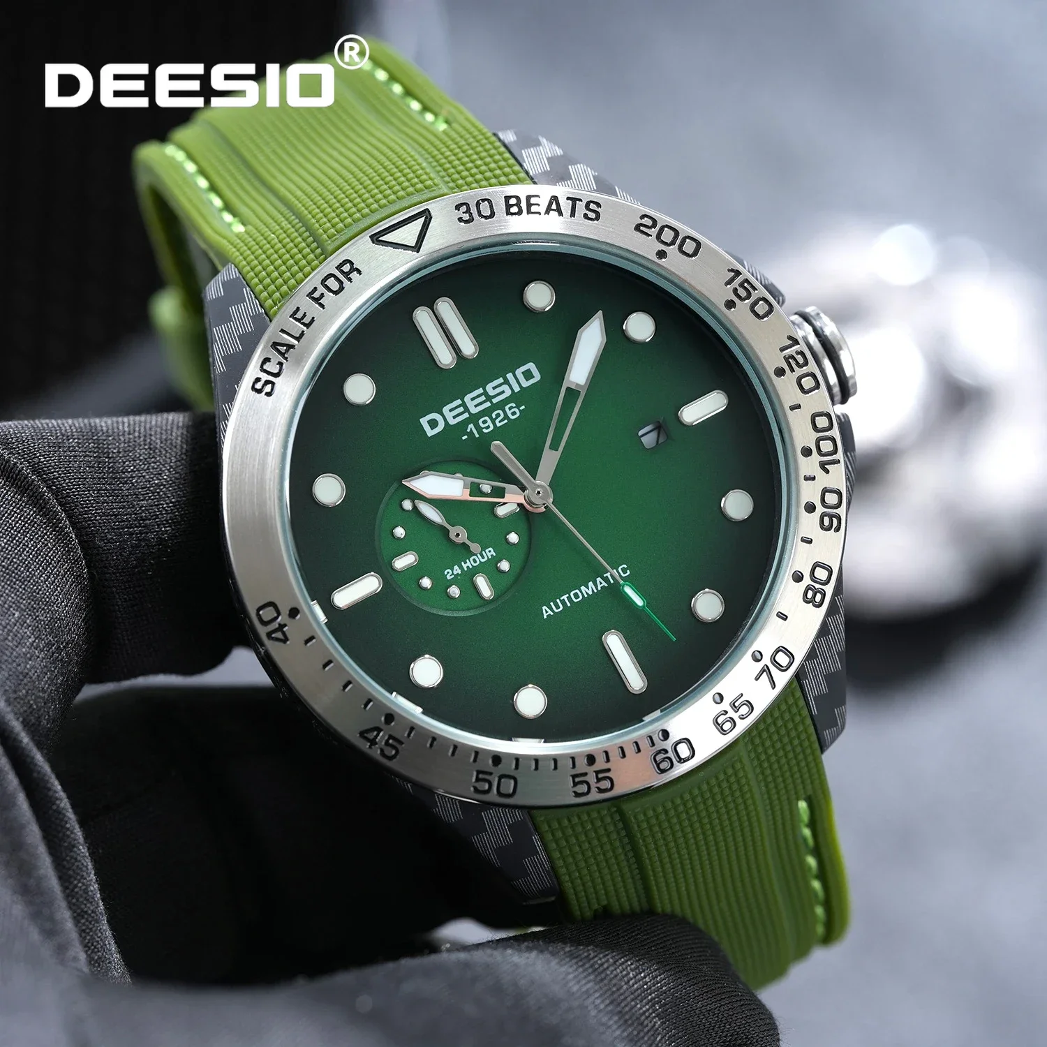 Deesio Men's Automatic Mechanical Watch, Gradient Pattern Dial  Dual Luminescent Hands, Upgraded Carbon Fiber Case, 80g Lightweight, Silicone Strap, Full-Auto Movement,Calendar Display, 50M/5Bar Water Resistant,Scratch-Proof Coated Glass,Sporty &Business