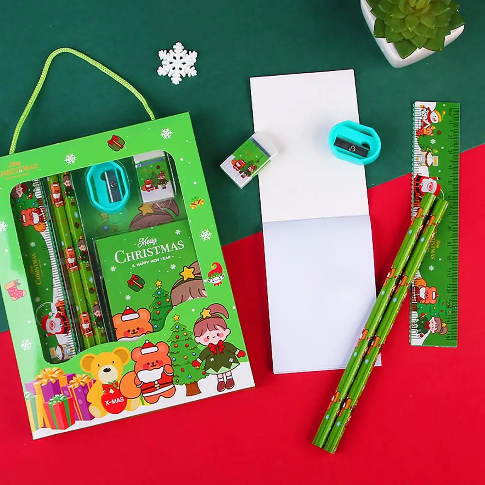 Christmas Stationery Set Cartoon Xmas Pencil Sharpener Erasers Pencils Kawaii School Stationery Supplies