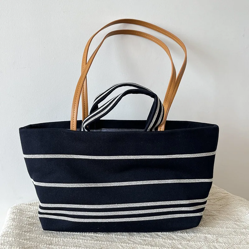

Canvas striped shoulder bag 2025 new niche design large capacity vintage vacation beach bag fashionable ladies hand tote bag