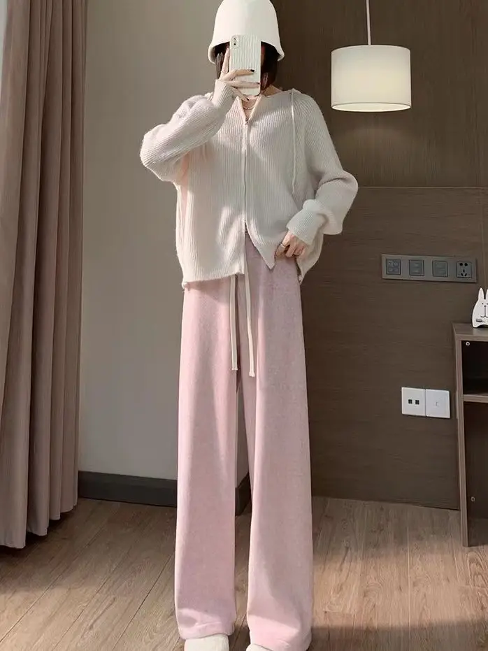 المخملية الدبق منشفة الأرز السراويل واسعة الساق السراويل النسائية الخريف والشتاء عالية الخصر الرباط فضفاضة معلقة مستقيم الساق