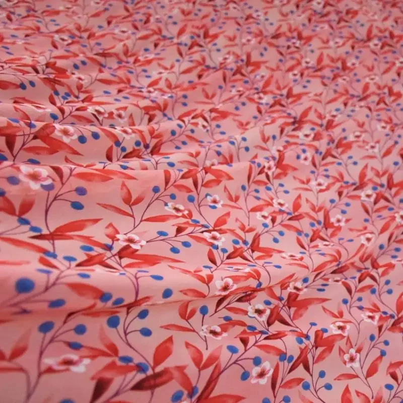 

High-End Chiffon Fabric Deep Pink Blue Berry Floral Print for Girls Cheongsam Dress Thin Soft Material for Clothing
