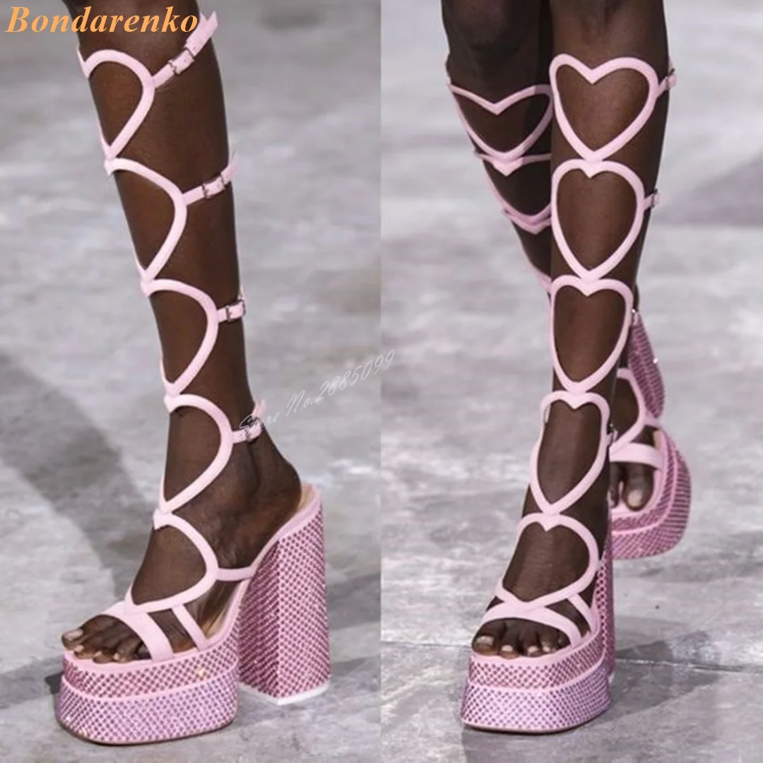 Heart Straps Crystal Sandals Platform Round Toe Chunky High Heels Solid Knee High Sandals Women Sexy Shoes Buckles Sweet Pink