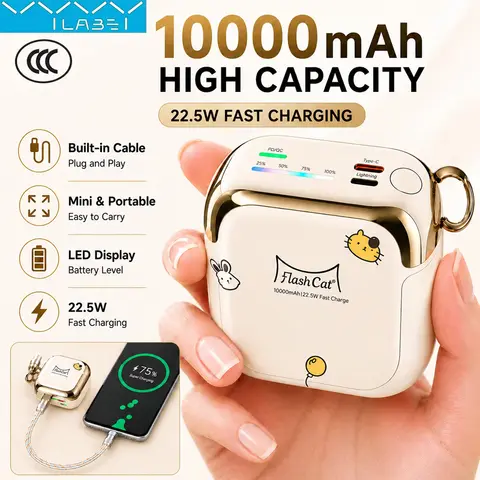 Vyvylabs CCC 10000mAh Mini Cute Power Bank 22.5W PD Fast Charging Switchable Lightning Type-C Cable for iPhone Samsung AirPods
